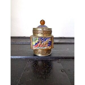 Antique Enameled Brass Chinese Tea, Tobacco Caddy, Trinket Box, Stash Box